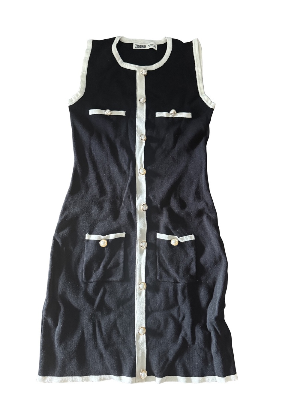 Black Sleeveless Button-Front Knit Dress with White Trim